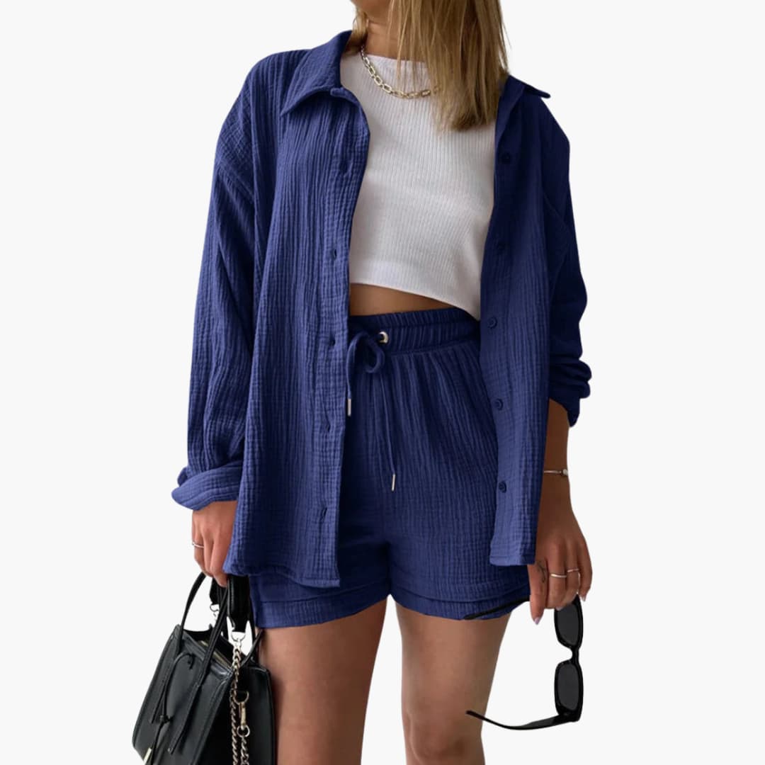 Norah – Oversized Button Up Shirt and Shorts Two Piece Set
