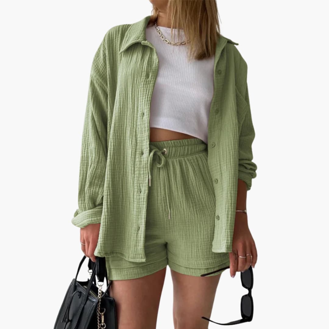 Norah – Oversized Button Up Shirt and Shorts Two Piece Set
