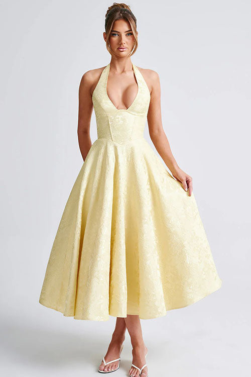Talia – Jacquard Halter Wedding Guest Midi Dress
