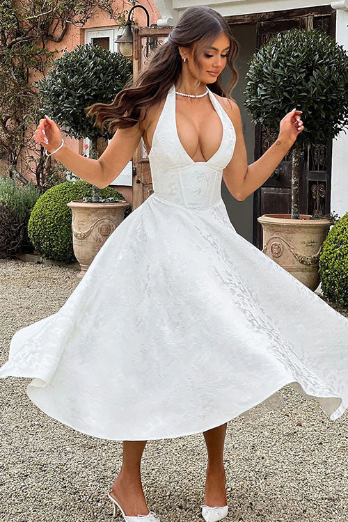 Talia – Jacquard Halter Wedding Guest Midi Dress