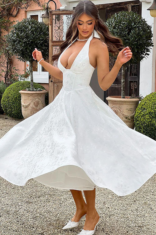Talia – Jacquard Halter Wedding Guest Midi Dress