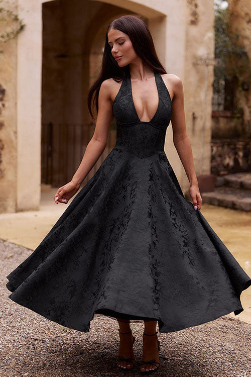 Talia – Jacquard Halter Wedding Guest Midi Dress