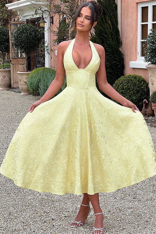 Talia – Jacquard Halter Wedding Guest Midi Dress