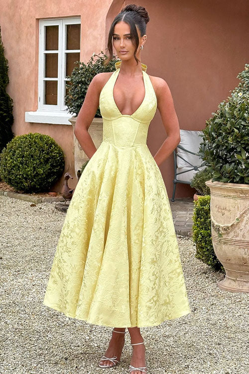 Talia – Jacquard Halter Wedding Guest Midi Dress