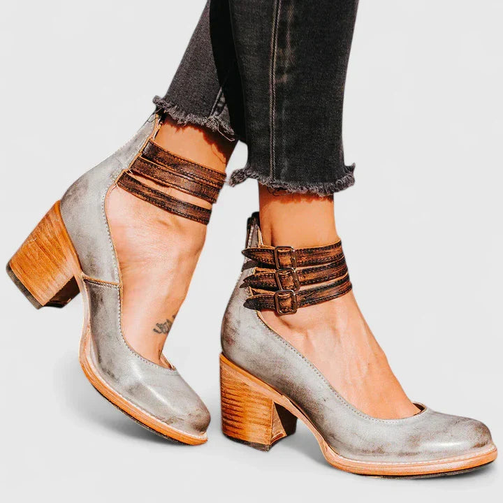 Della – Suede Ankle Strap Block Heel Pumps