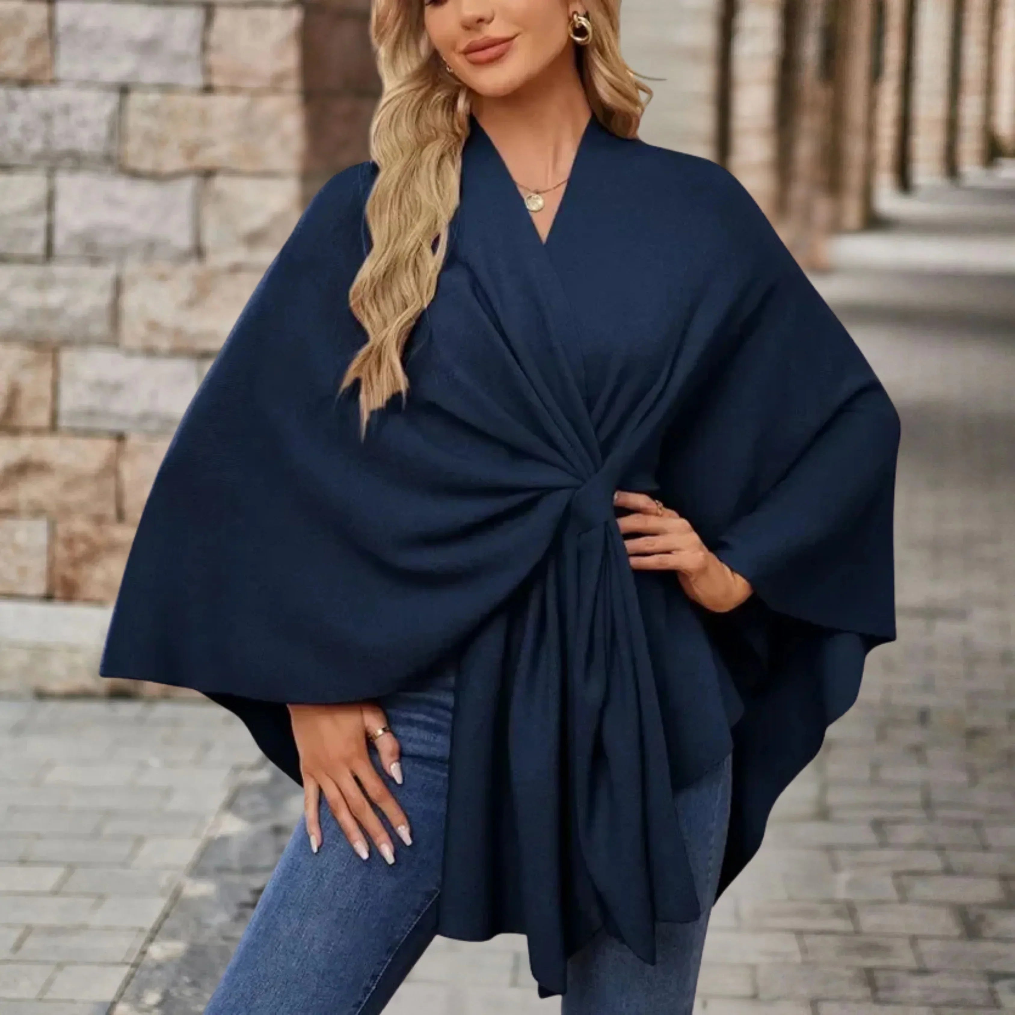 Ava – Draped Twist Front Knit Poncho