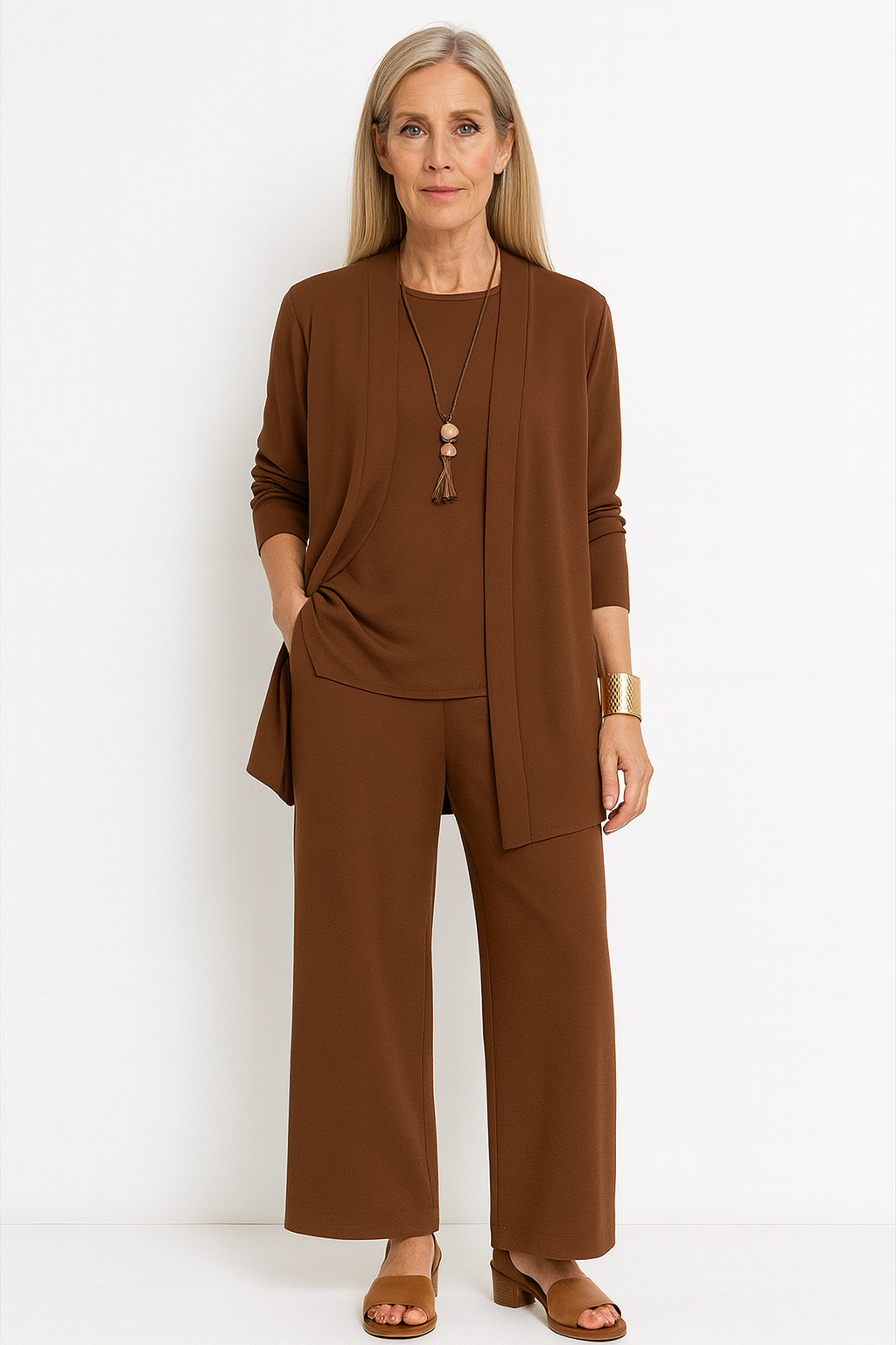Brianna – Three Piece Cardigan Tank Top And Wide Leg Pants Set
