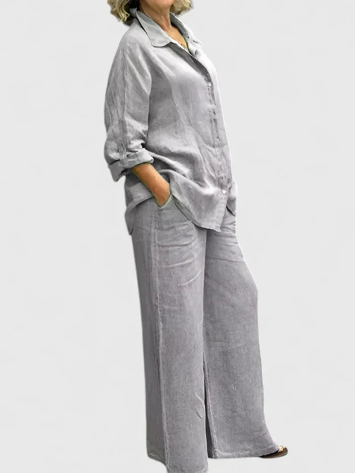 Luna – Pleated Button Up Shirt and Wide Leg Pants Set