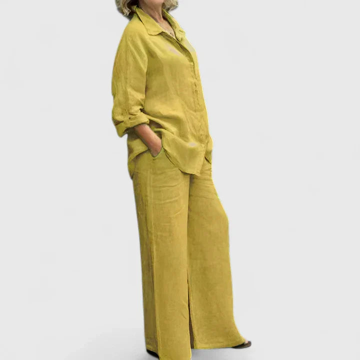 Luna – Pleated Button Up Shirt and Wide Leg Pants Set