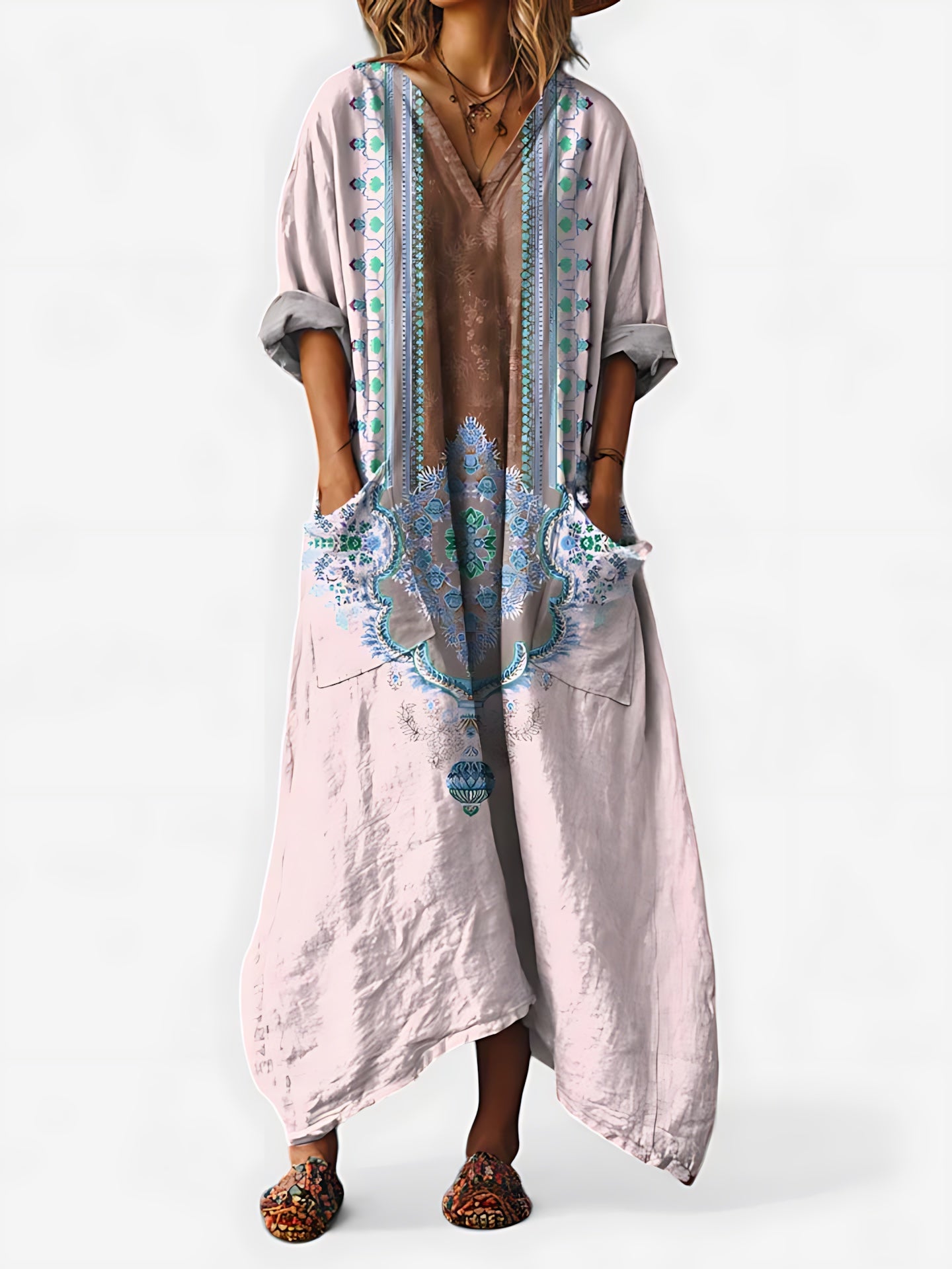 Adalynn – Boho Print Kimono Sleeve Kaftan Maxi Dress