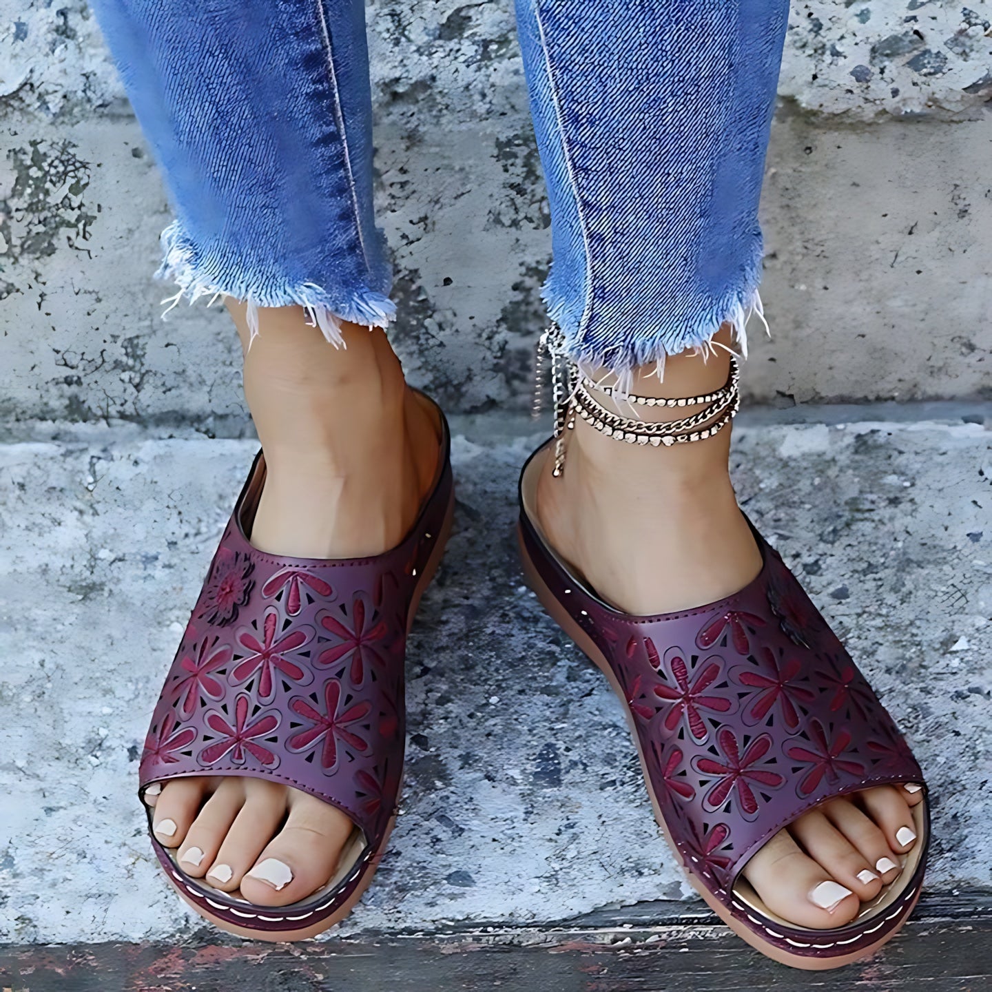 Annie – Embossed Peep Toe Wedge Slide Sandals