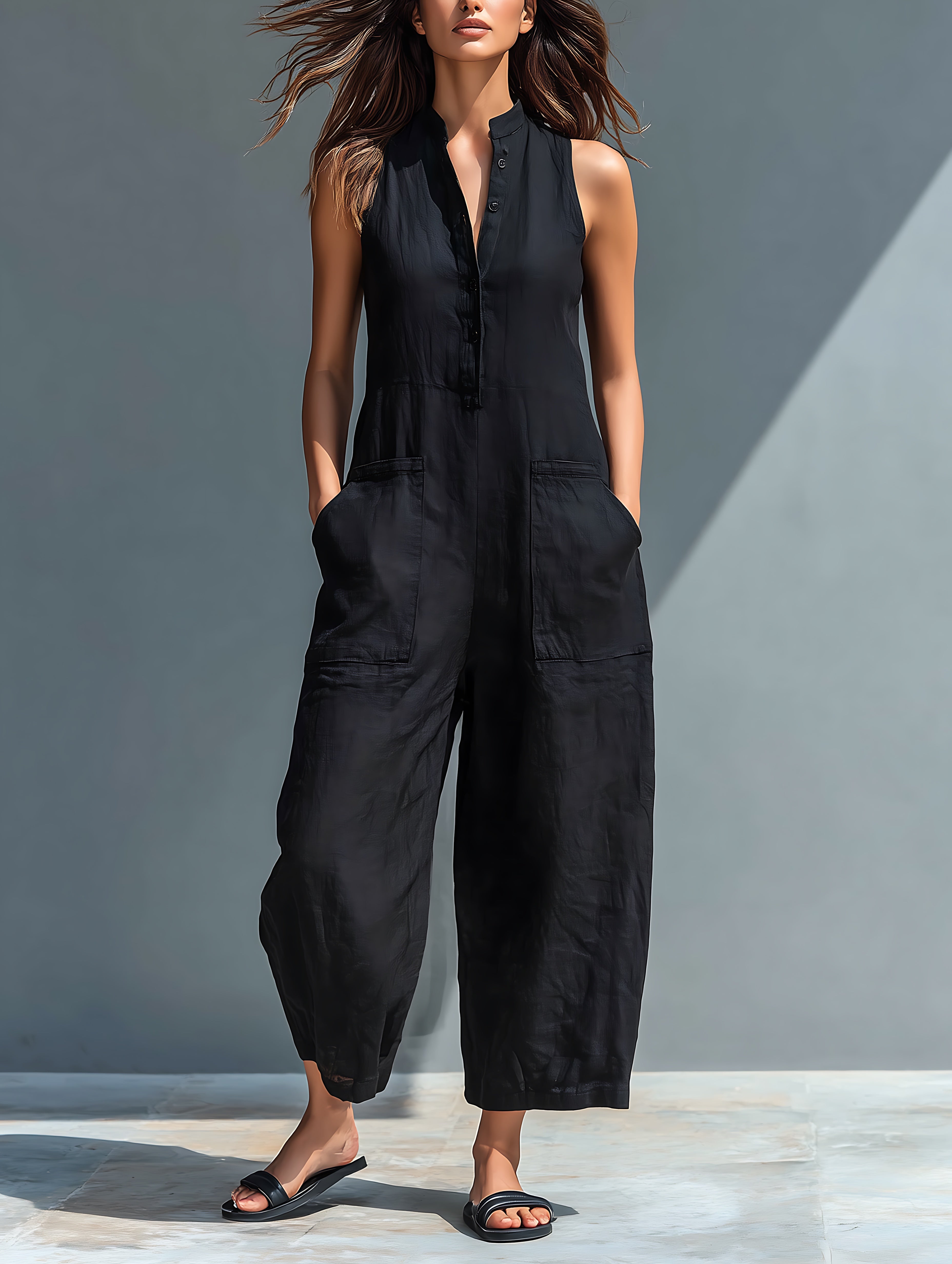 Arya – V Neck Tie Waist Barrel Leg Jumpsuit