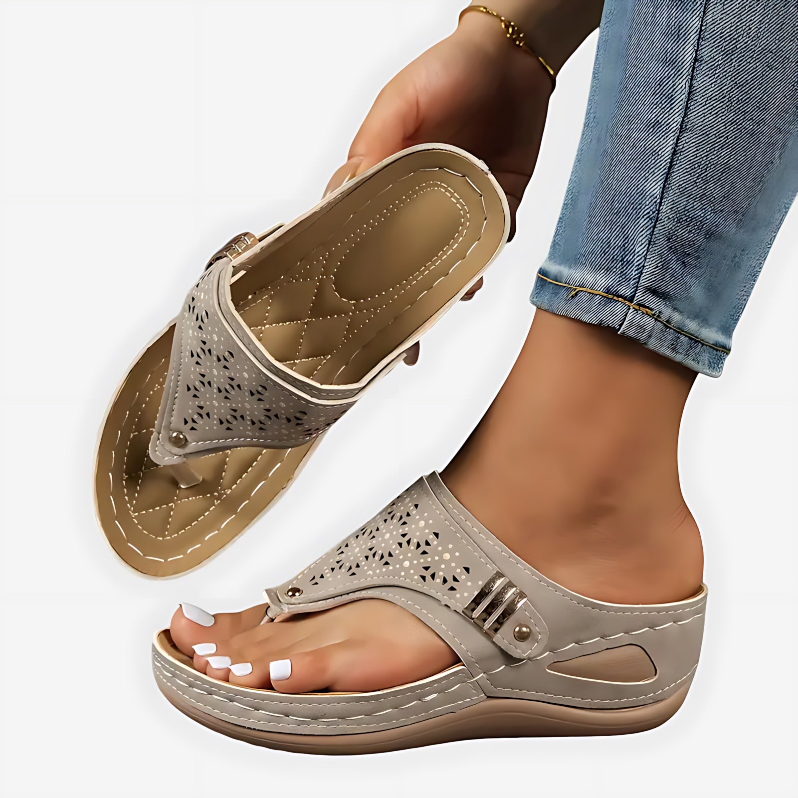 Cara – Laser Cut Toe Loop Wedge Sandals