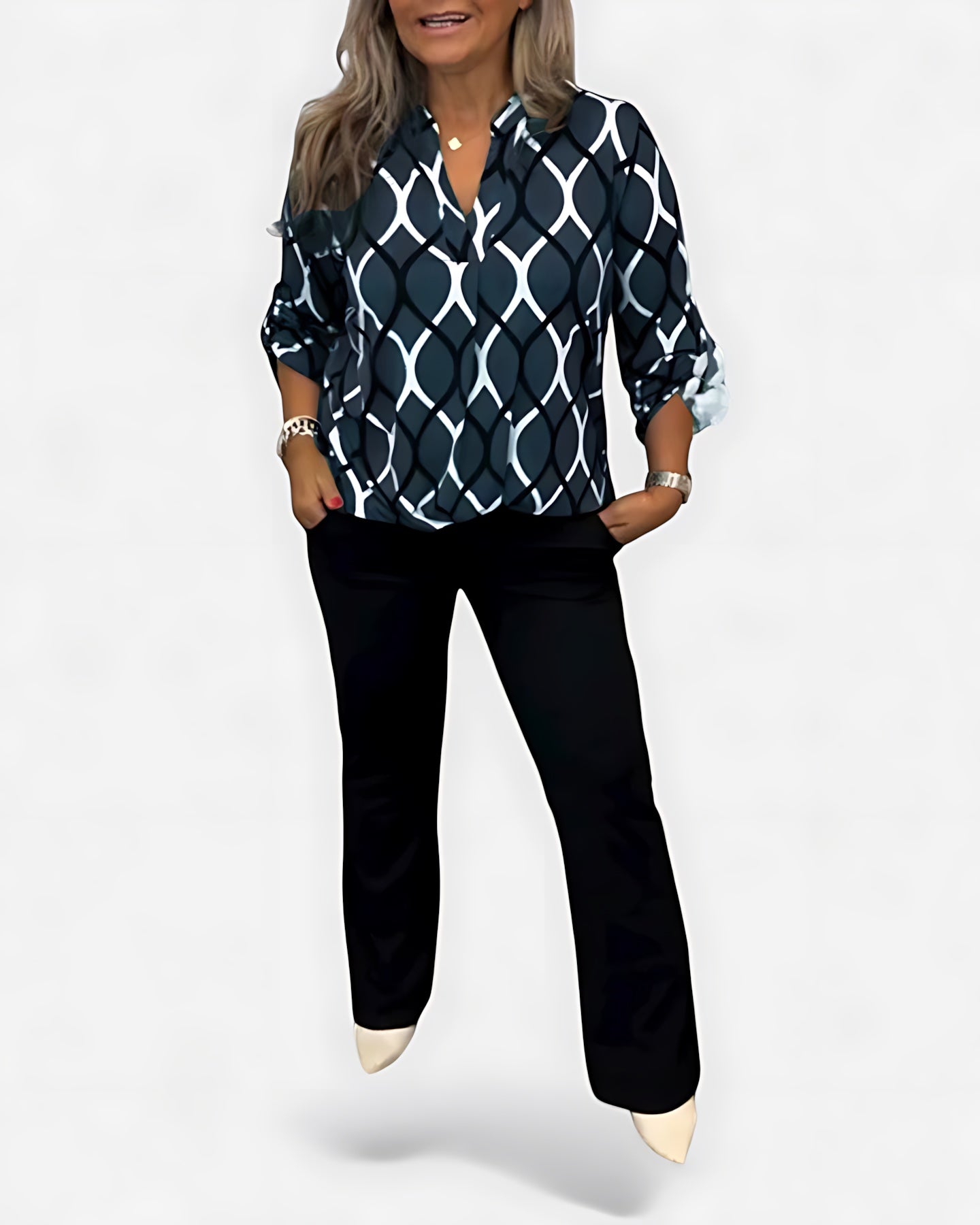 Catherine – Geometric Print Long Sleeve Blouse