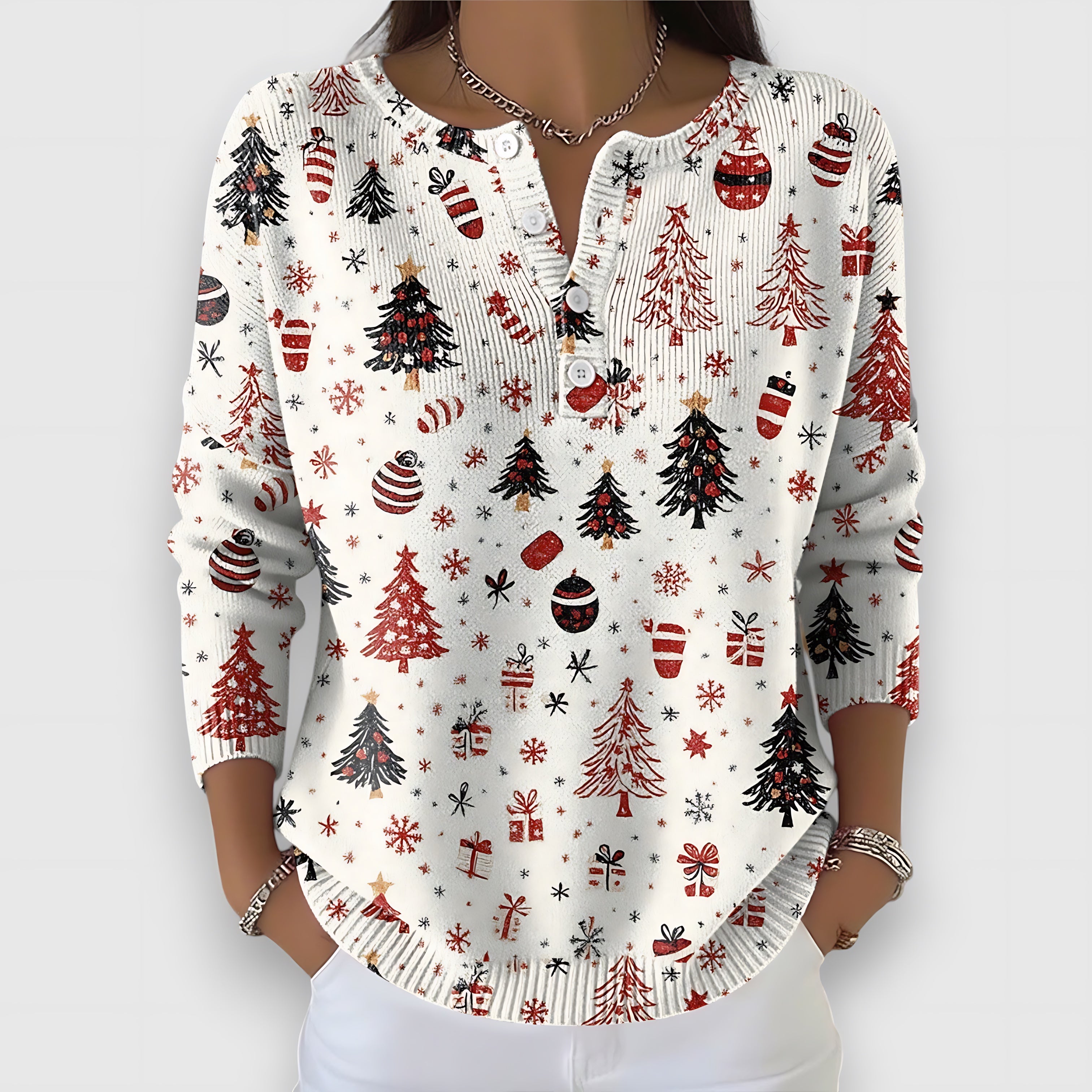 Chloe – Christmas Tree Print Henley Sweater