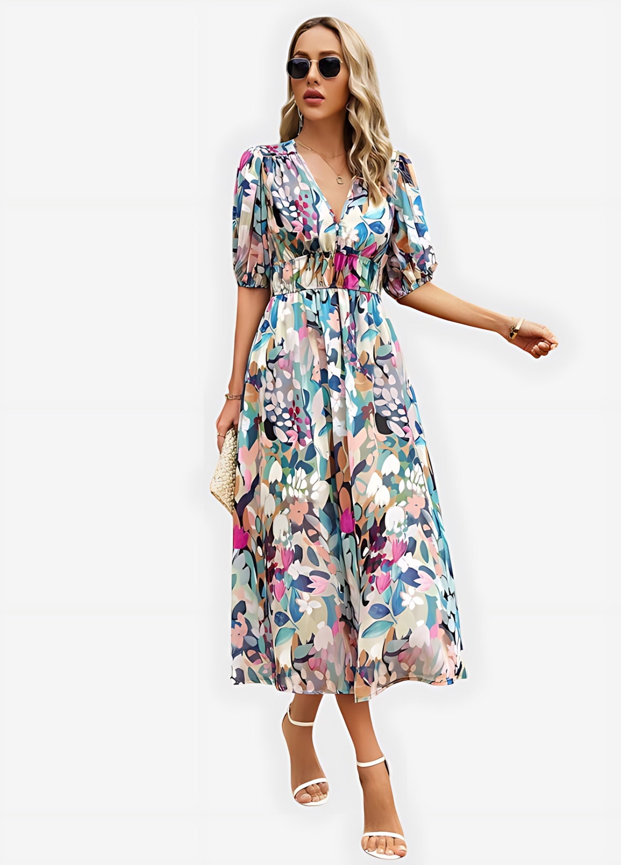 Chloe – Floral Print Puff Sleeve Wrap Midi Dress
