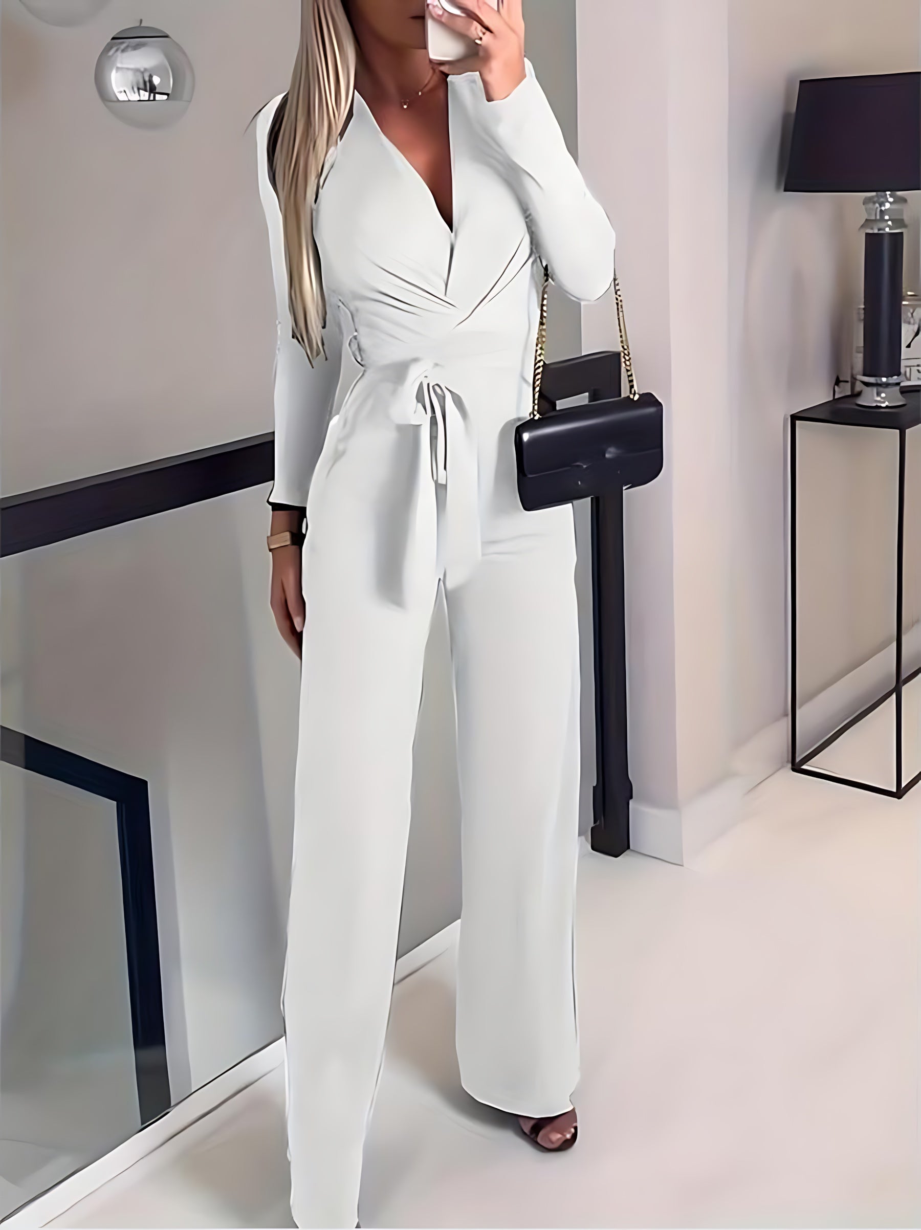 Claire – Wrap V Neck Tie Waist Wide Leg Jumpsuit