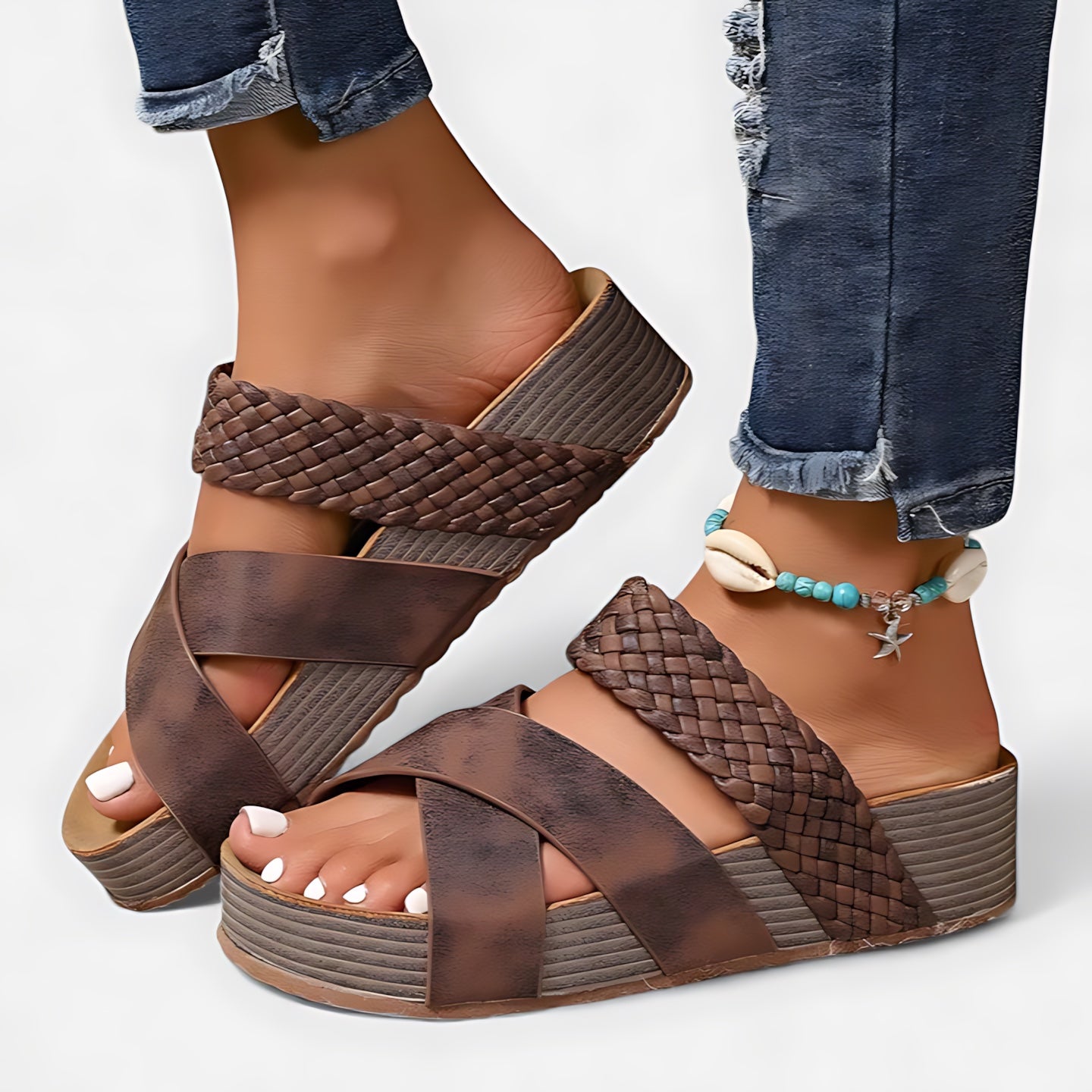 Daphne – Woven Triple Strap Wedge Sandals