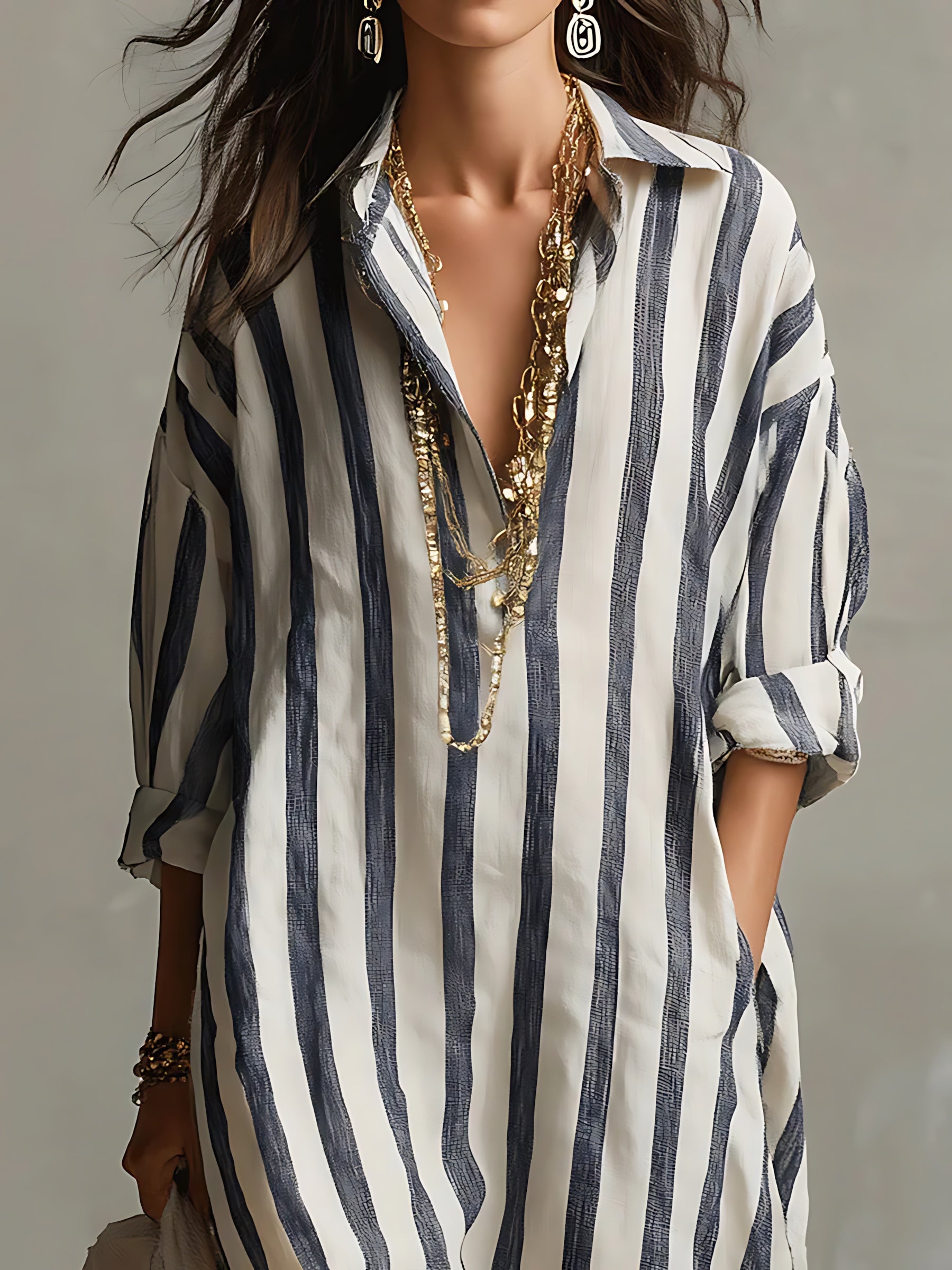 Elizabeth – Striped Long Sleeve Midi Shirt Dress