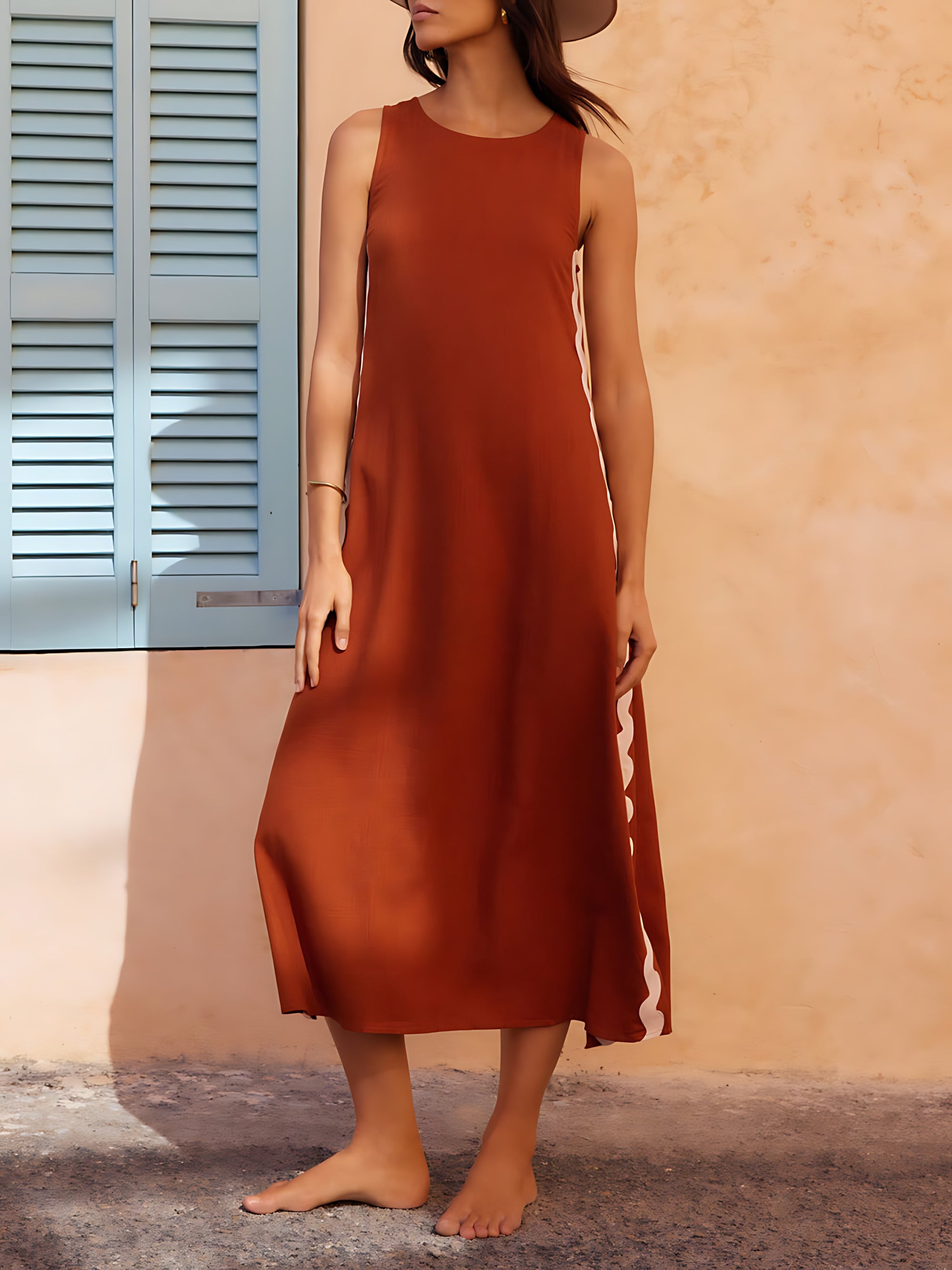 Genesis – Wavy Trim Side Slit Midi Dress