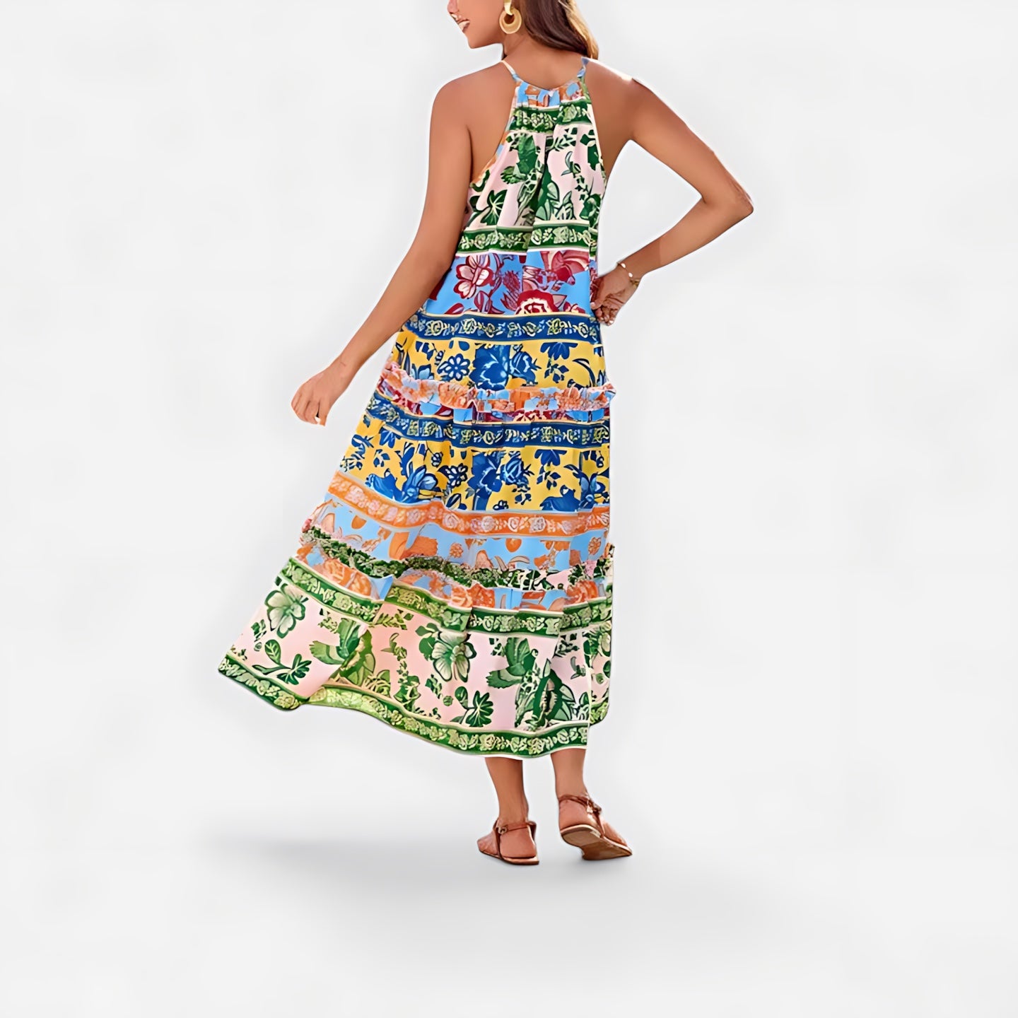 Grace – Boho Print Halter Tiered Midi Dress