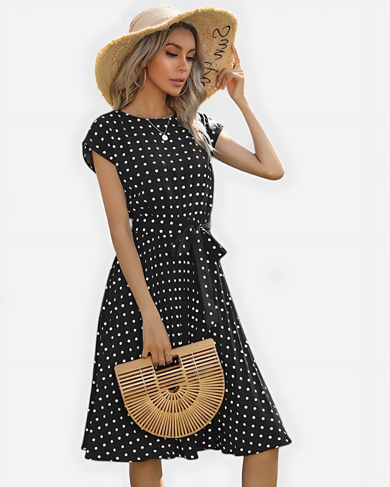 Hailey – Polka Dot Cap Sleeve Flowy Midi Dress