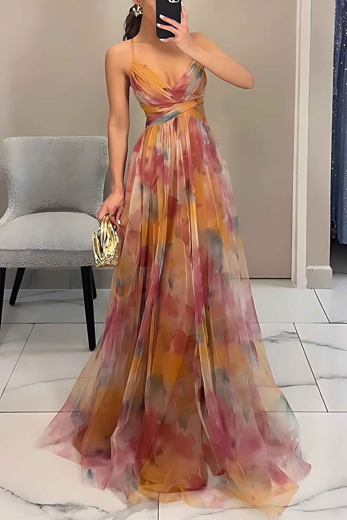 Harper – Floral Print Plunge Neck Evening Maxi Dress