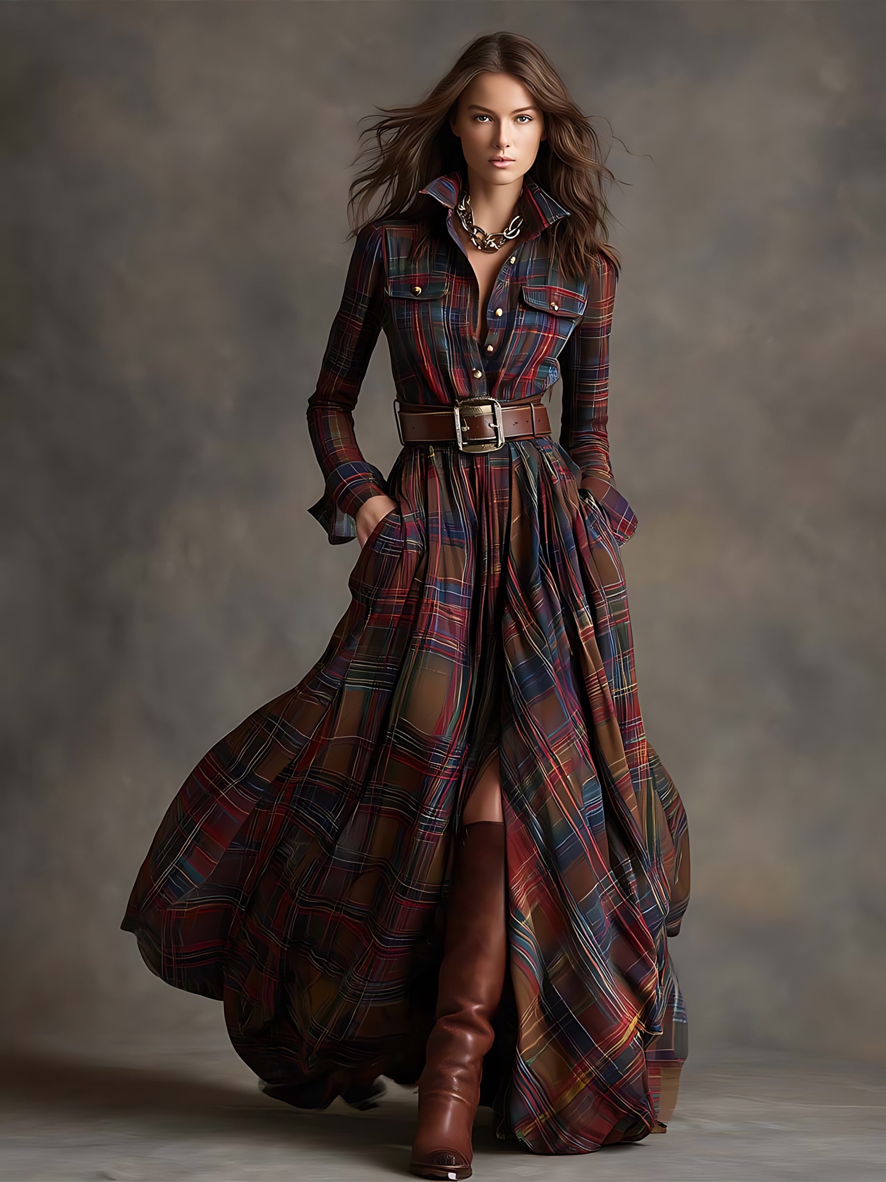 Hazel – Plaid Long Sleeve Maxi Shirt Dress