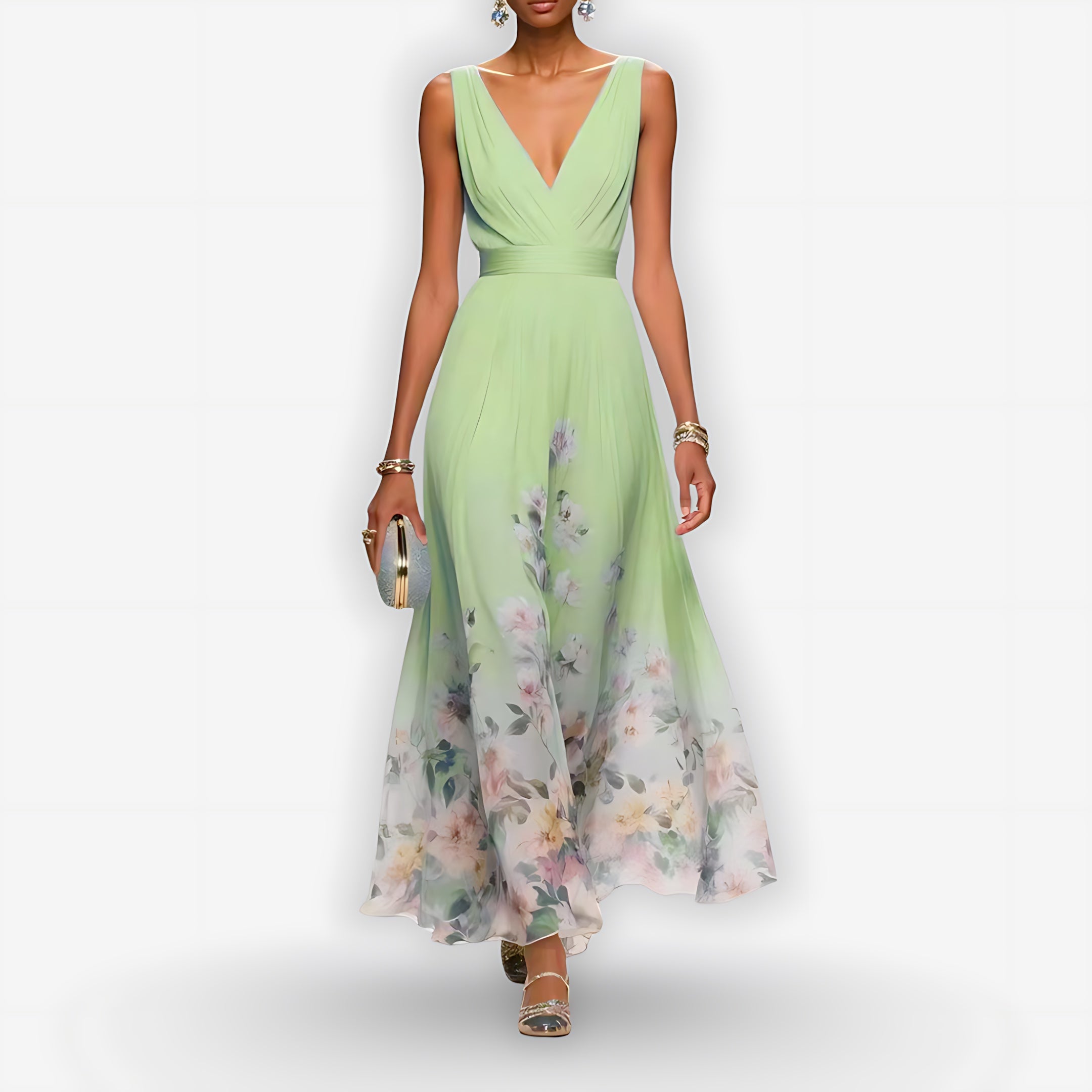 Lainey – Floral Print V Neck A-Line Maxi Dress