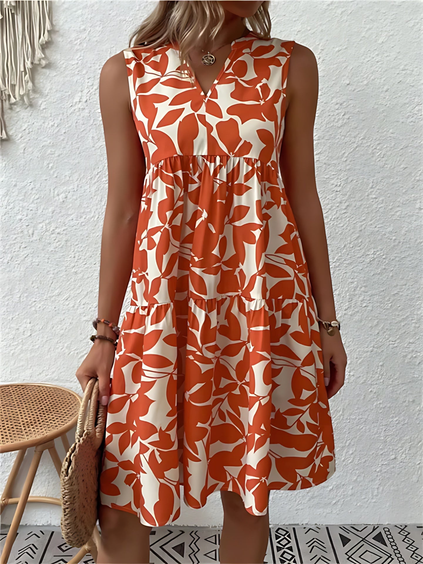 Lilah – Leaf Print V Neck A-Line Summer Dress