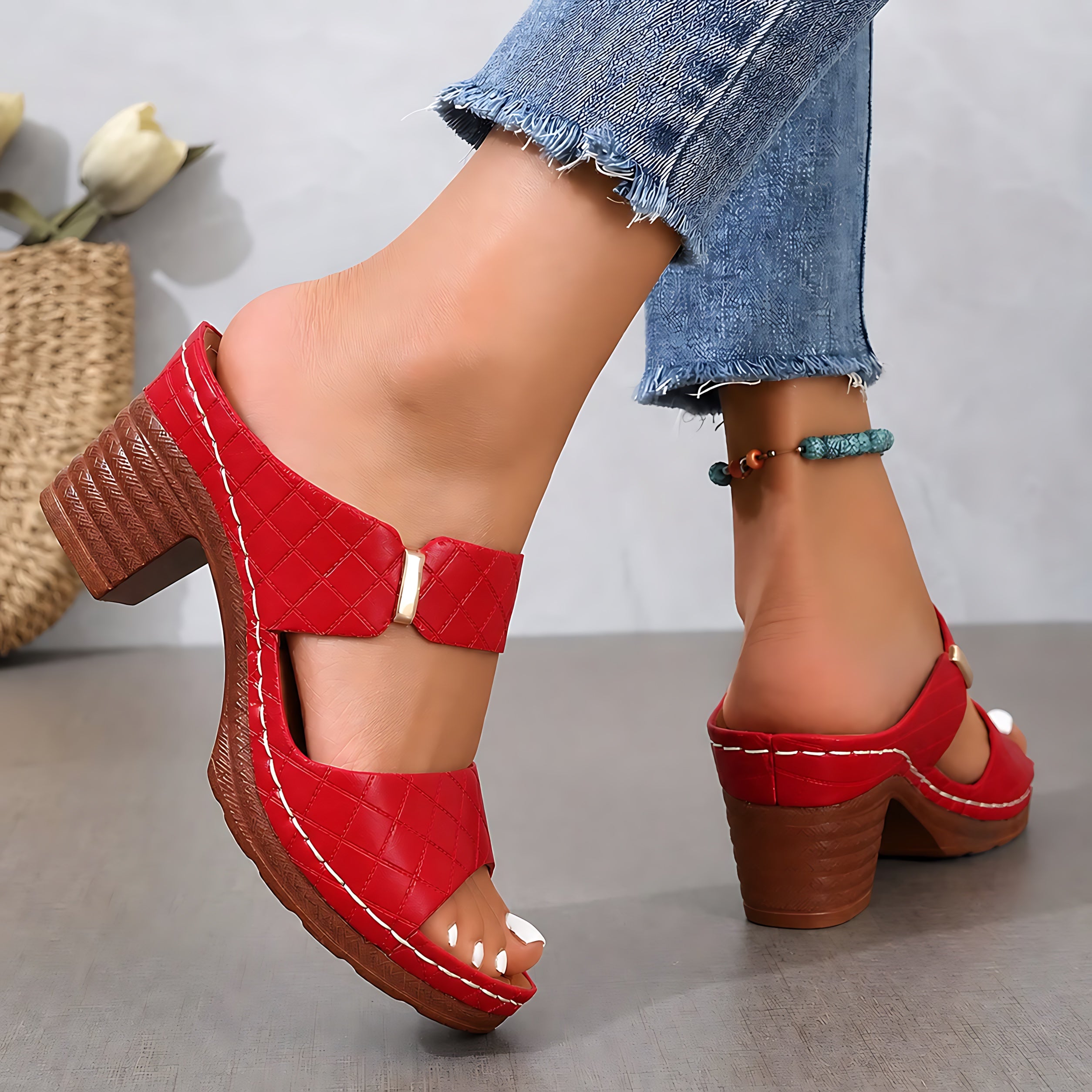 Lola – Metallic Ankle Strap Block Heel Sandals