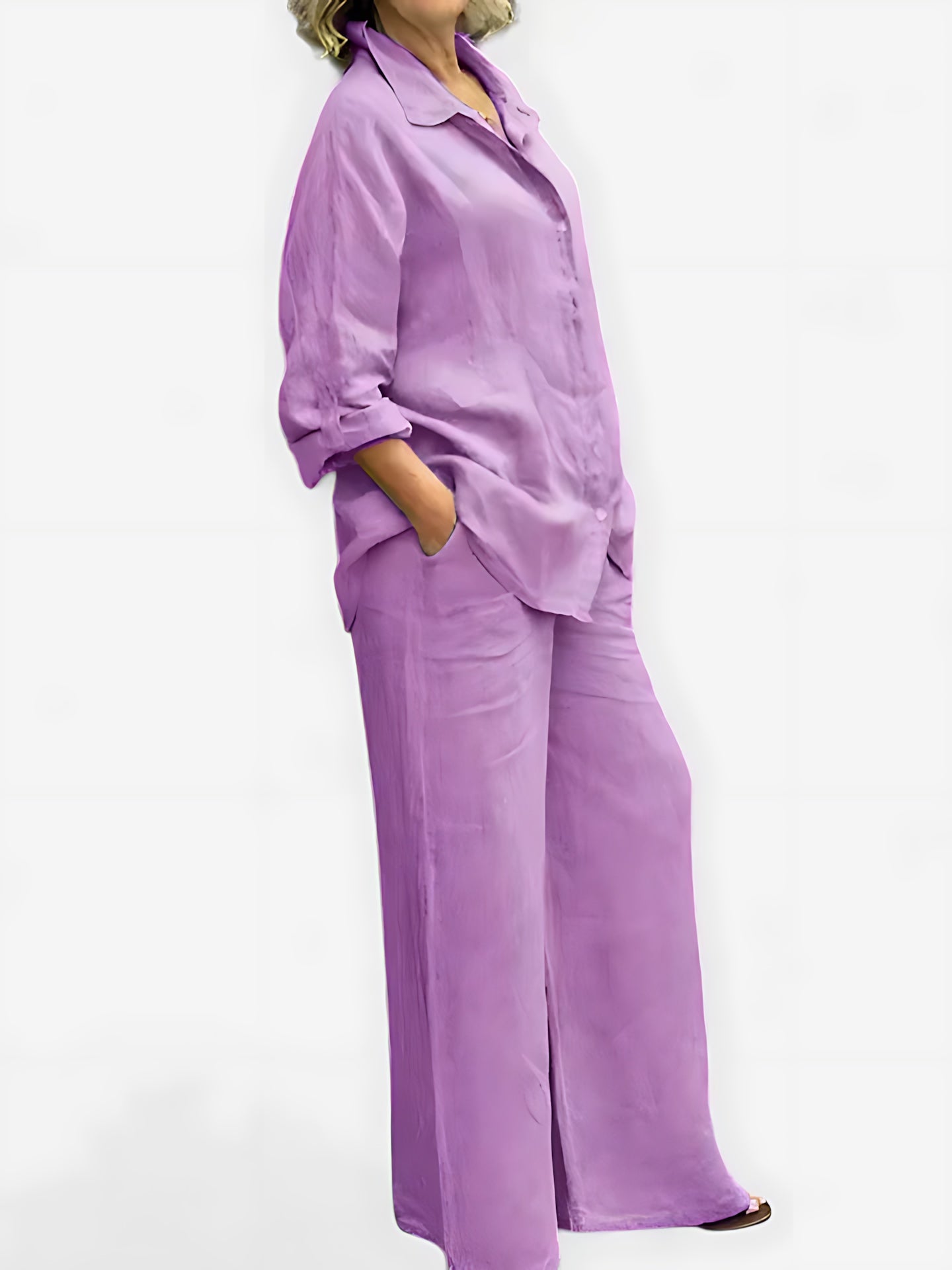 Luna – Pleated Button Up Shirt and Wide Leg Pants Set