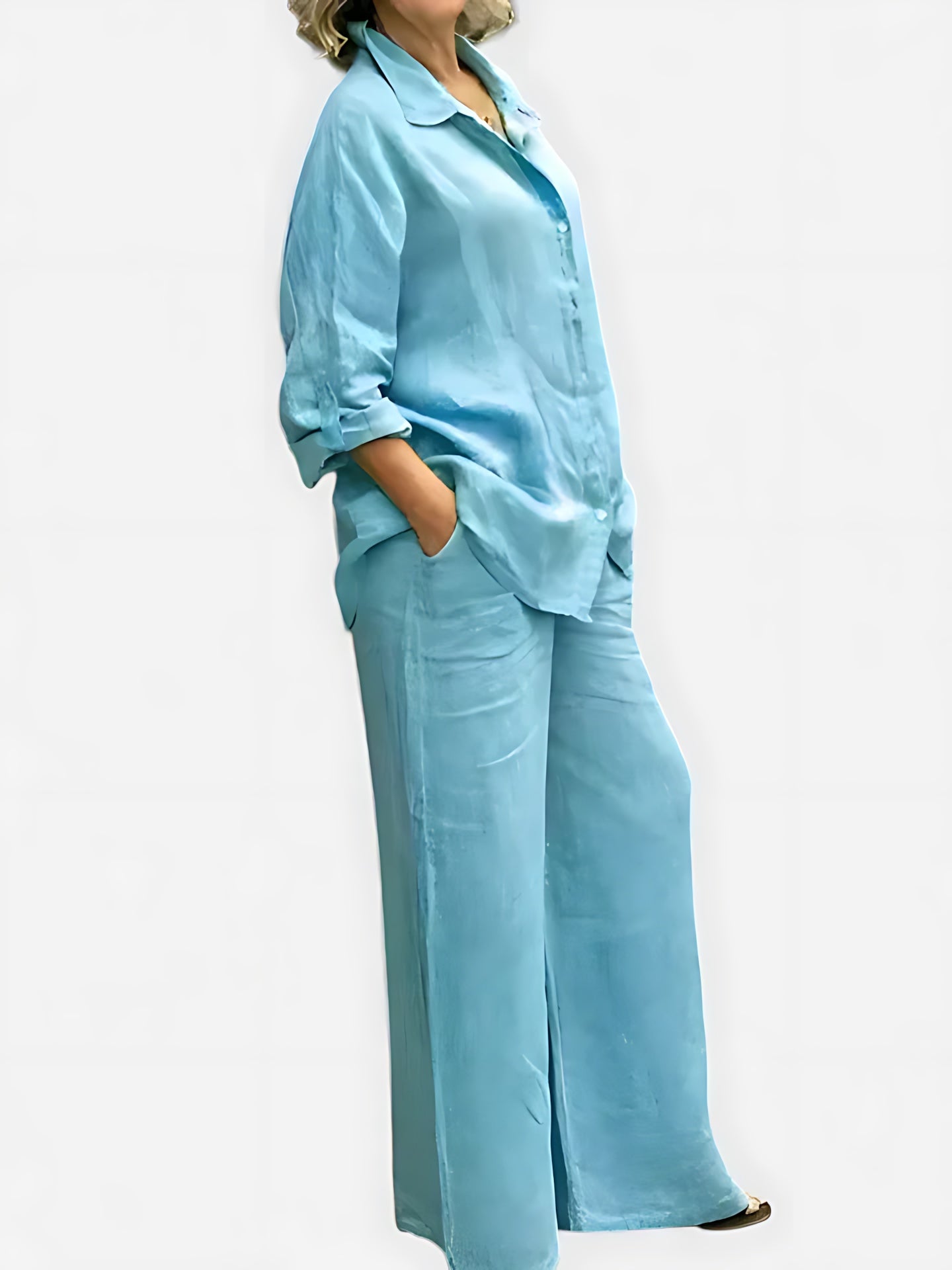 Luna – Pleated Button Up Shirt and Wide Leg Pants Set
