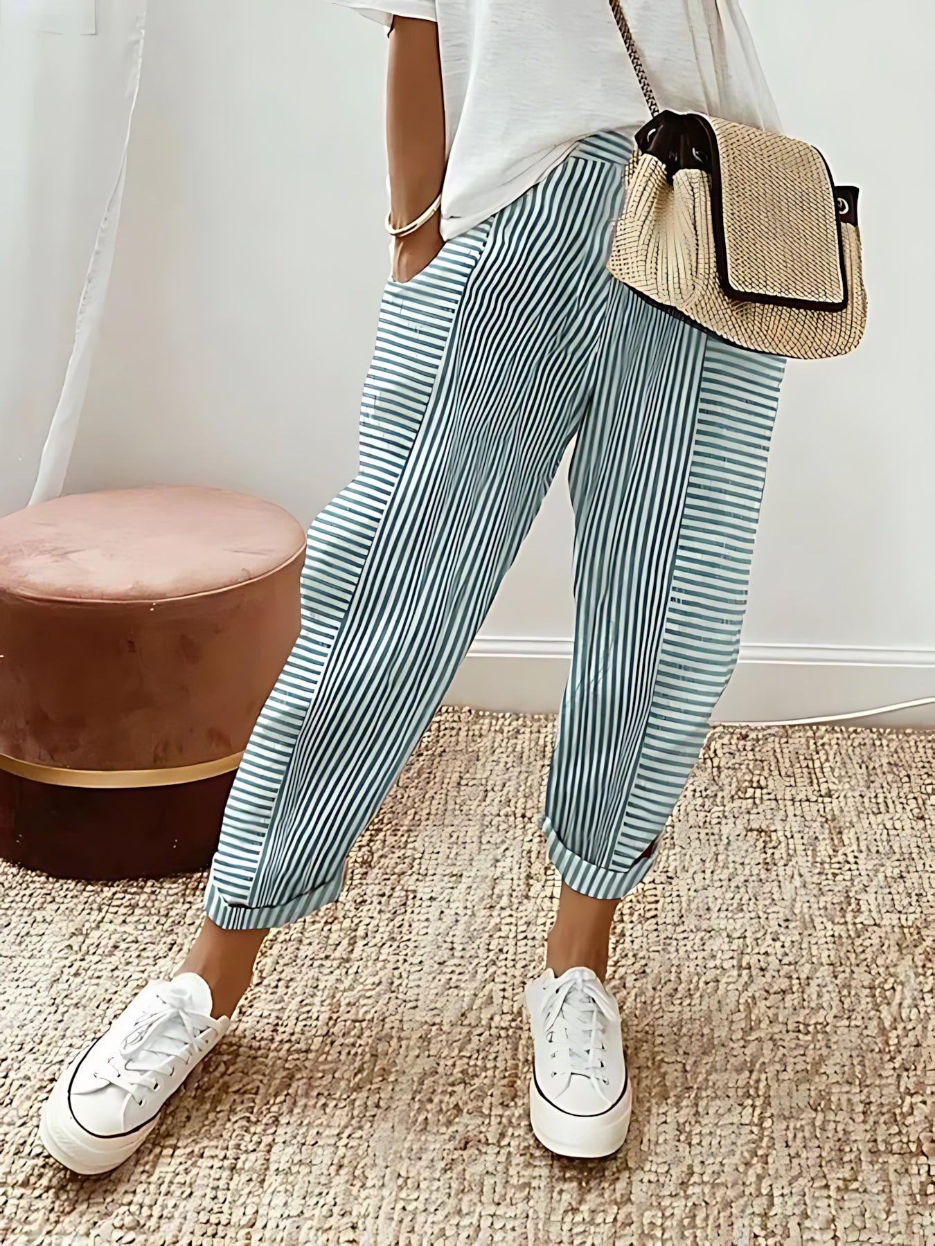 Mabel – Striped Elastic Waist Tapered Pants