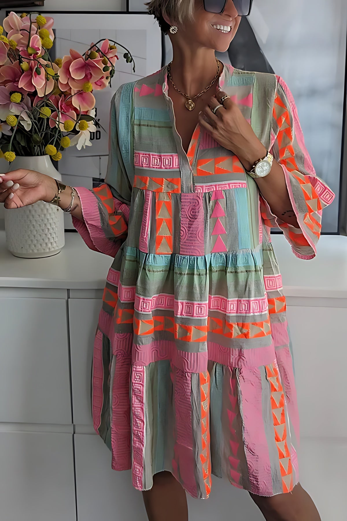 Madison – Boho Print Tiered Midi Shirt Dress