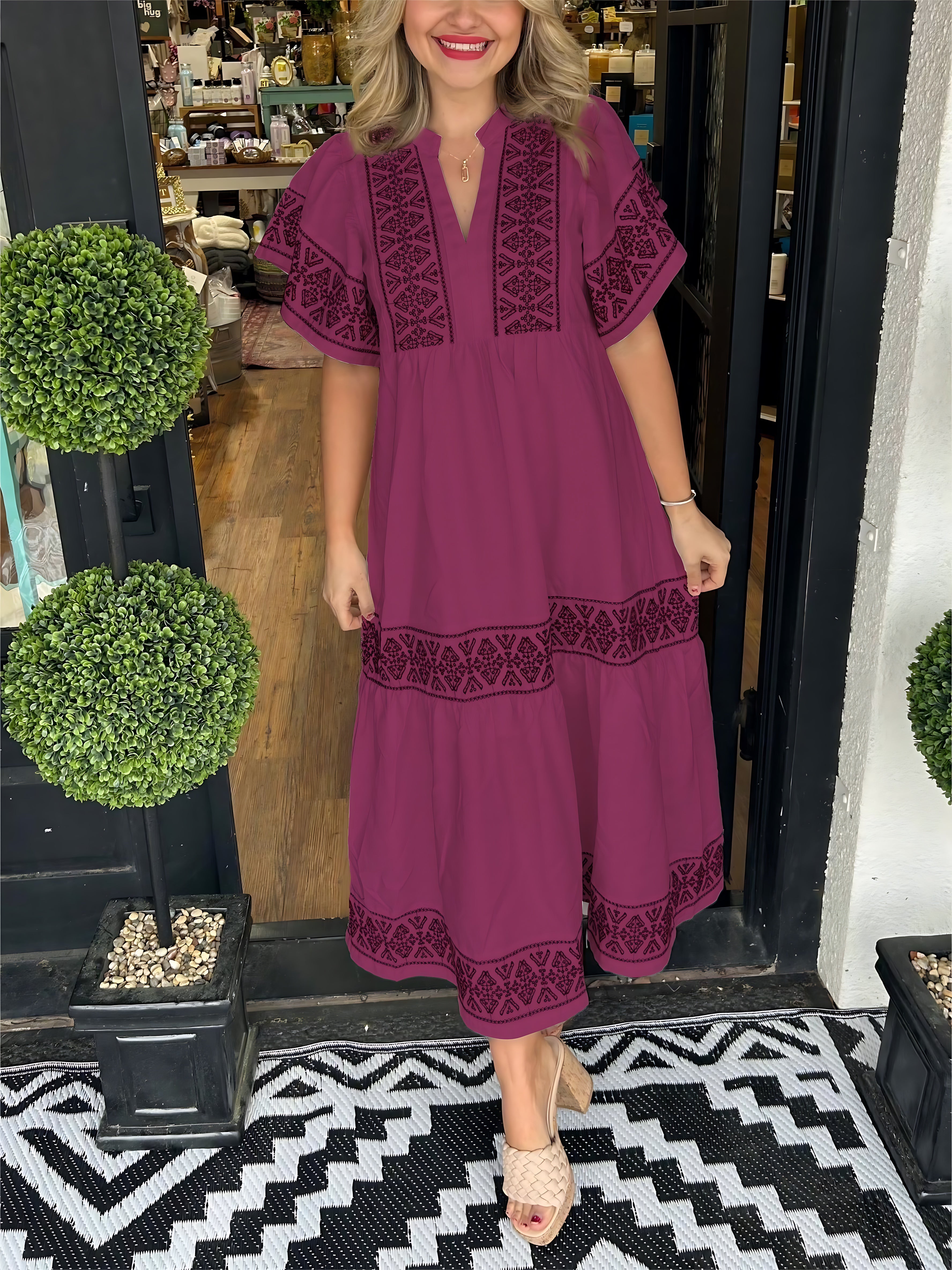 Maria – Boho Lace Trim V Neck Midi Dress
