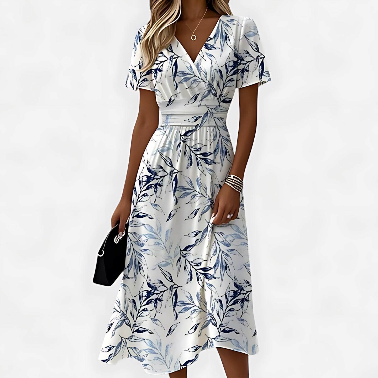 Peyton – Floral Print Wrap V Neck Short Sleeve Midi Dress