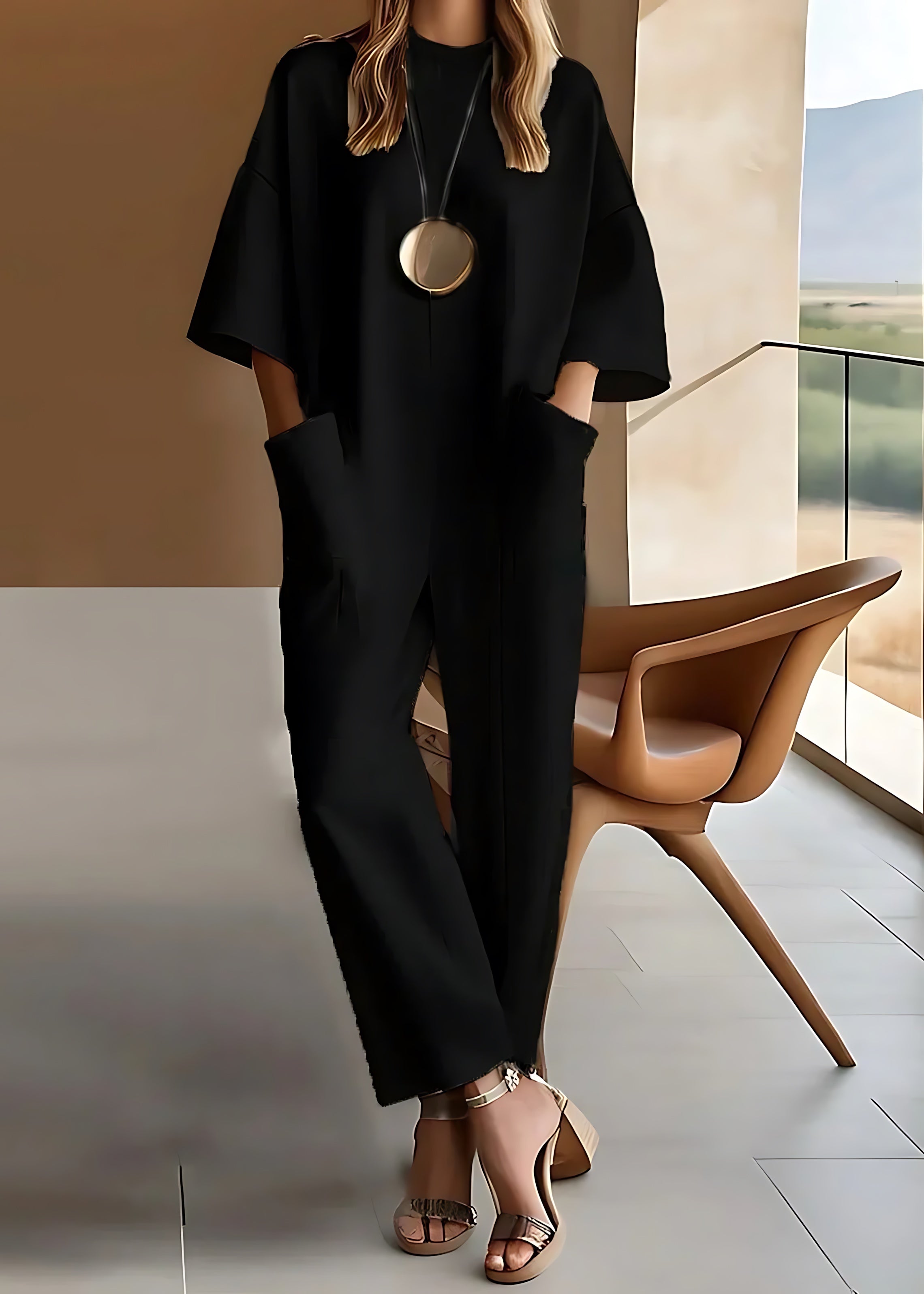 Sabrina – Crew Neck Short Sleeve Wide Leg Jumpsuit