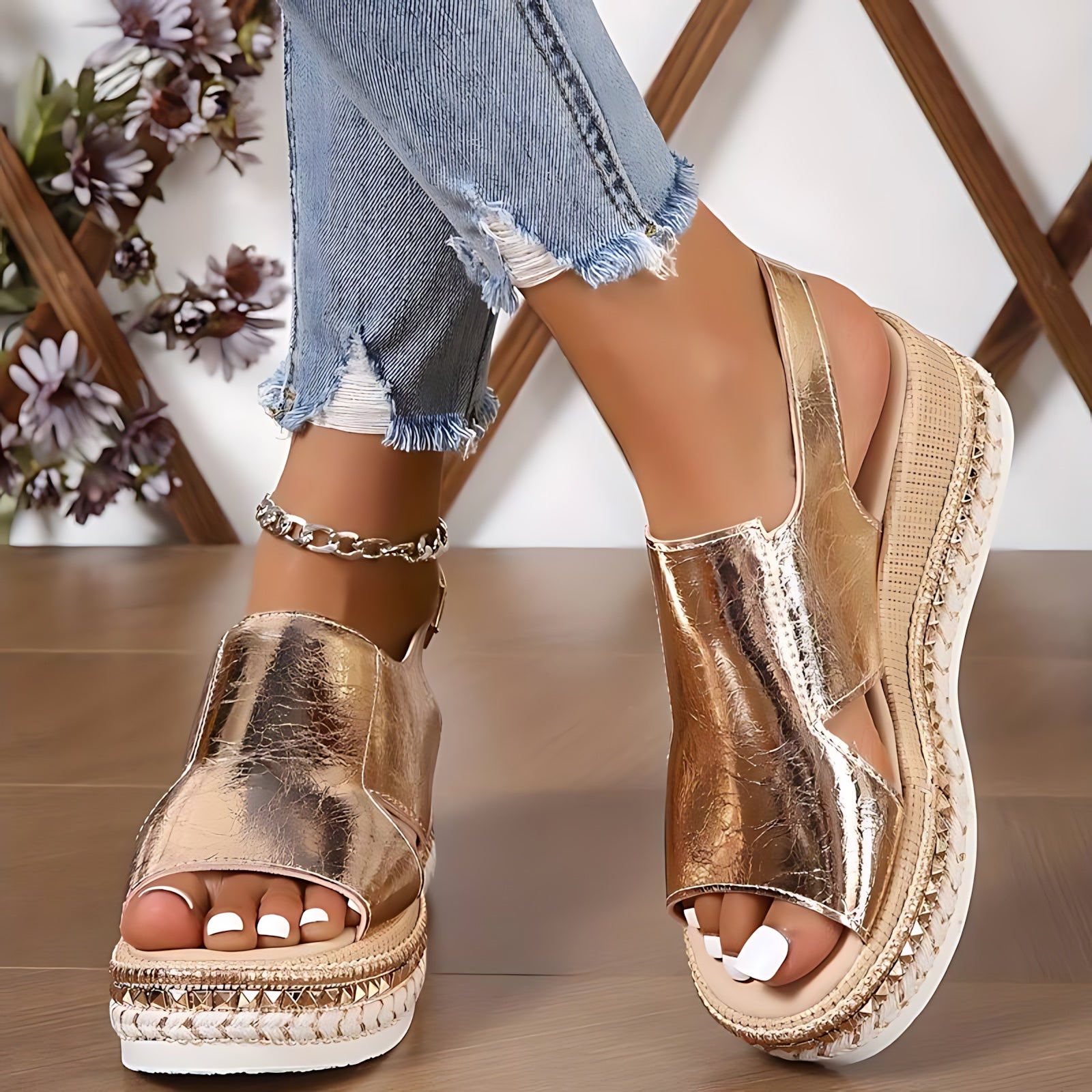 Skylar – Metallic Ankle Strap Wedge Sandals