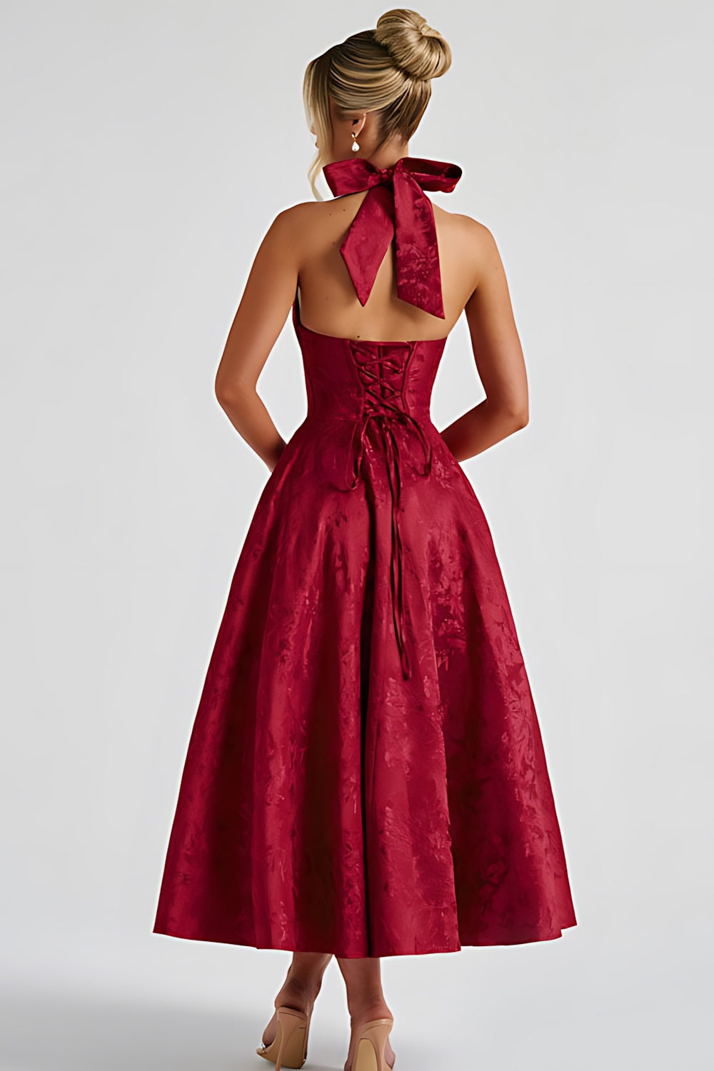 Talia – Jacquard Halter Wedding Guest Midi Dress