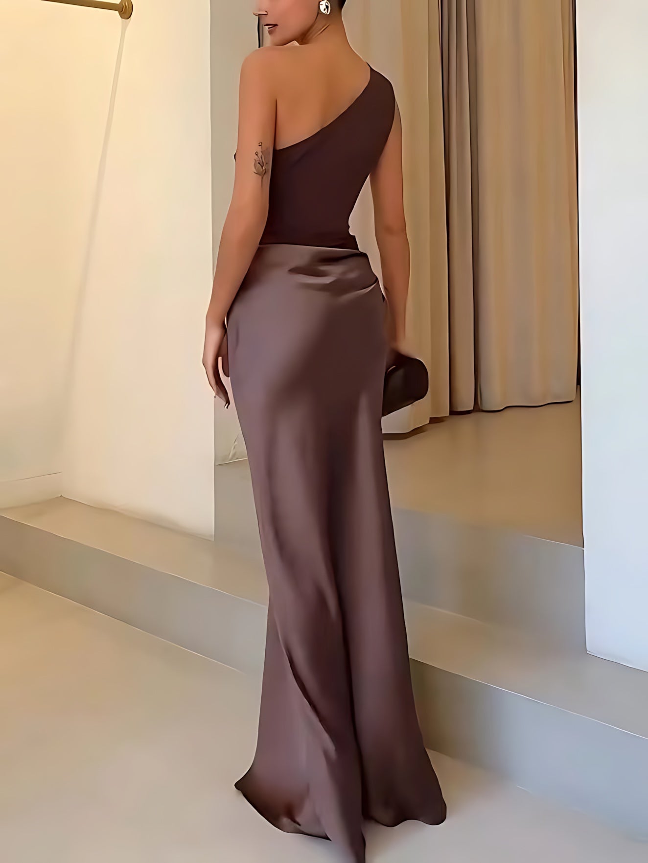 Ximena – Satin One Shoulder Ruched Evening Maxi Dress