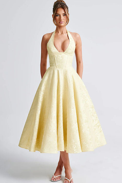 Talia – Jacquard Halter Wedding Guest Midi Dress