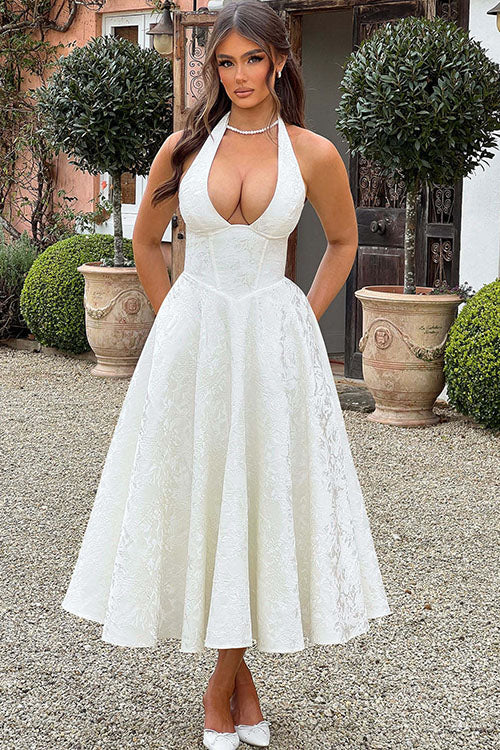 Talia – Jacquard Halter Wedding Guest Midi Dress