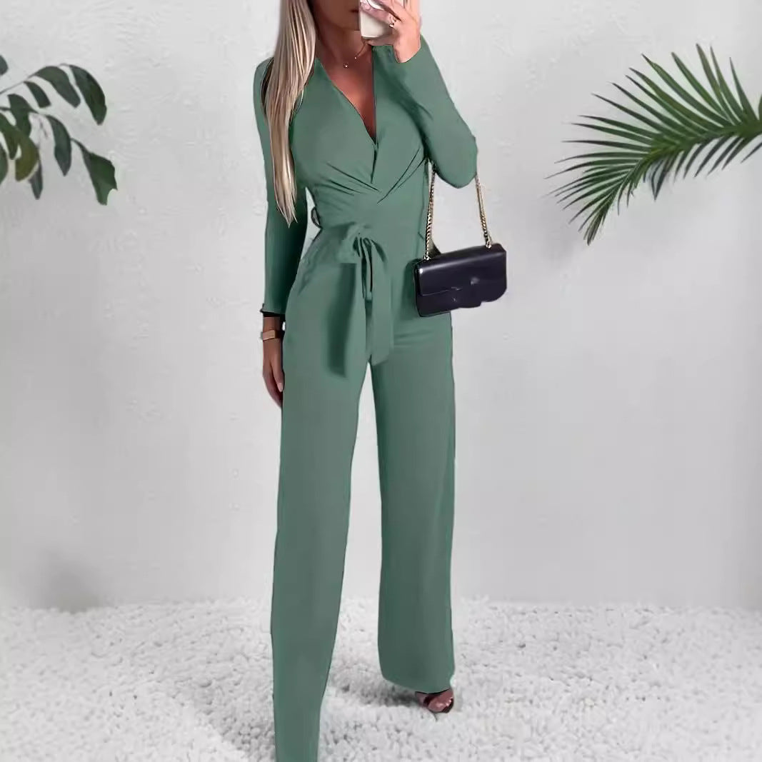 Claire – Wrap V Neck Tie Waist Wide Leg Jumpsuit