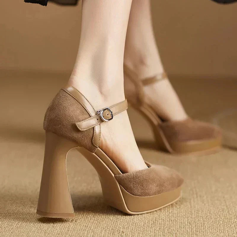 Amelia – Suede Ankle Strap Platform Pumps