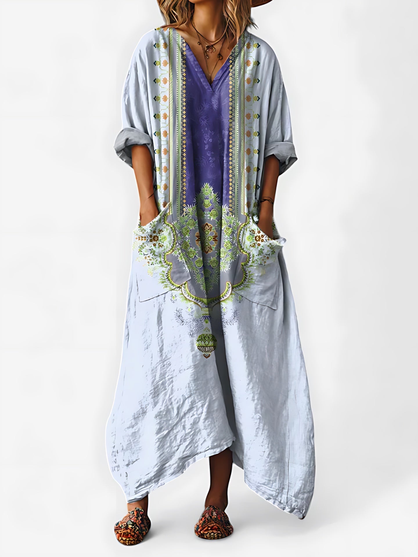 Adalynn – Boho Print Kimono Sleeve Kaftan Maxi Dress