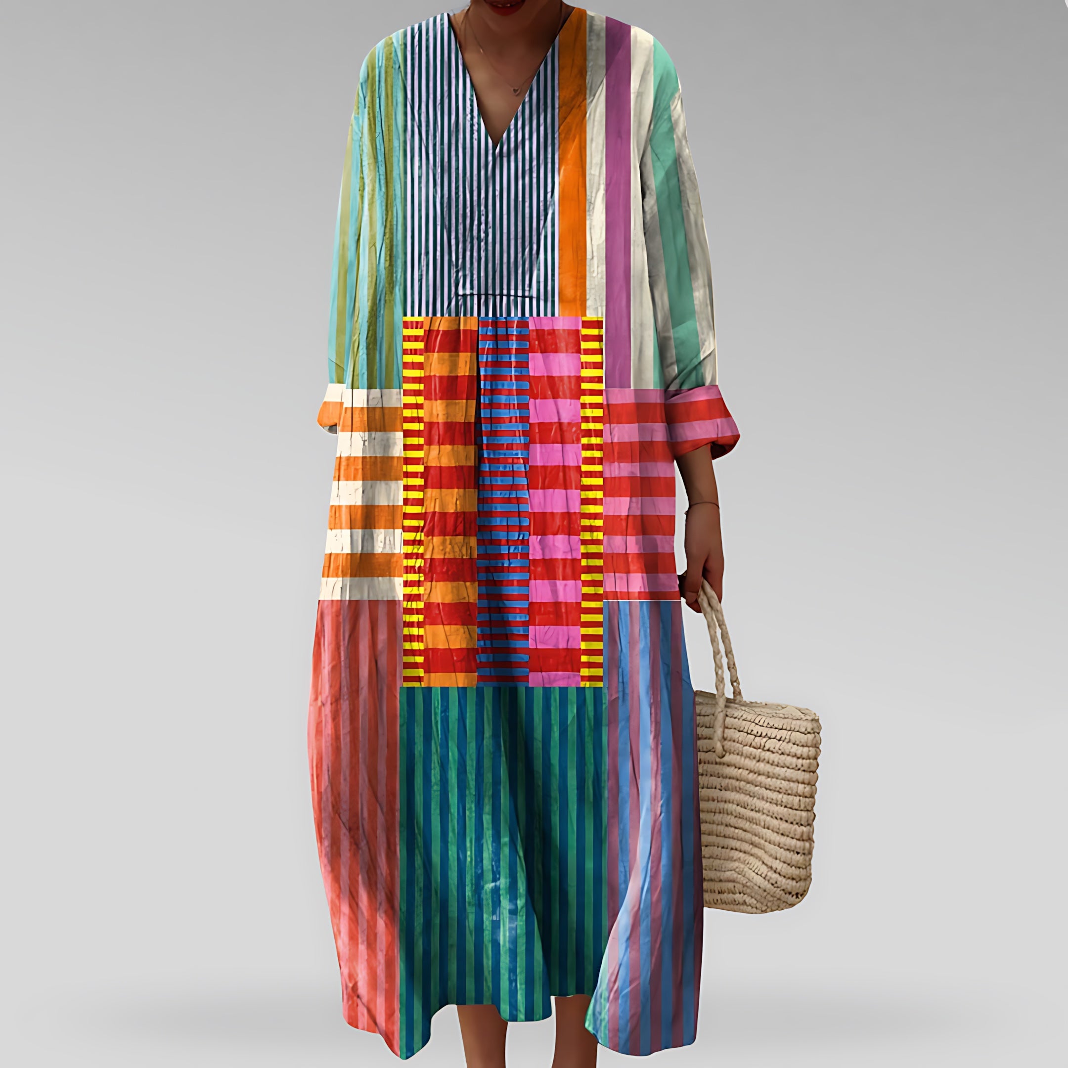 Adalynn – Geometric Print V Neck Pleated Maxi Dress