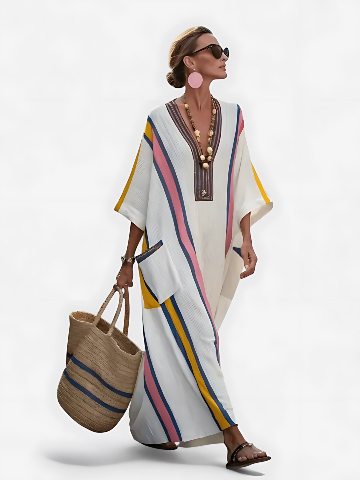 Adeline – Striped V Neck Kaftan Midi Dress