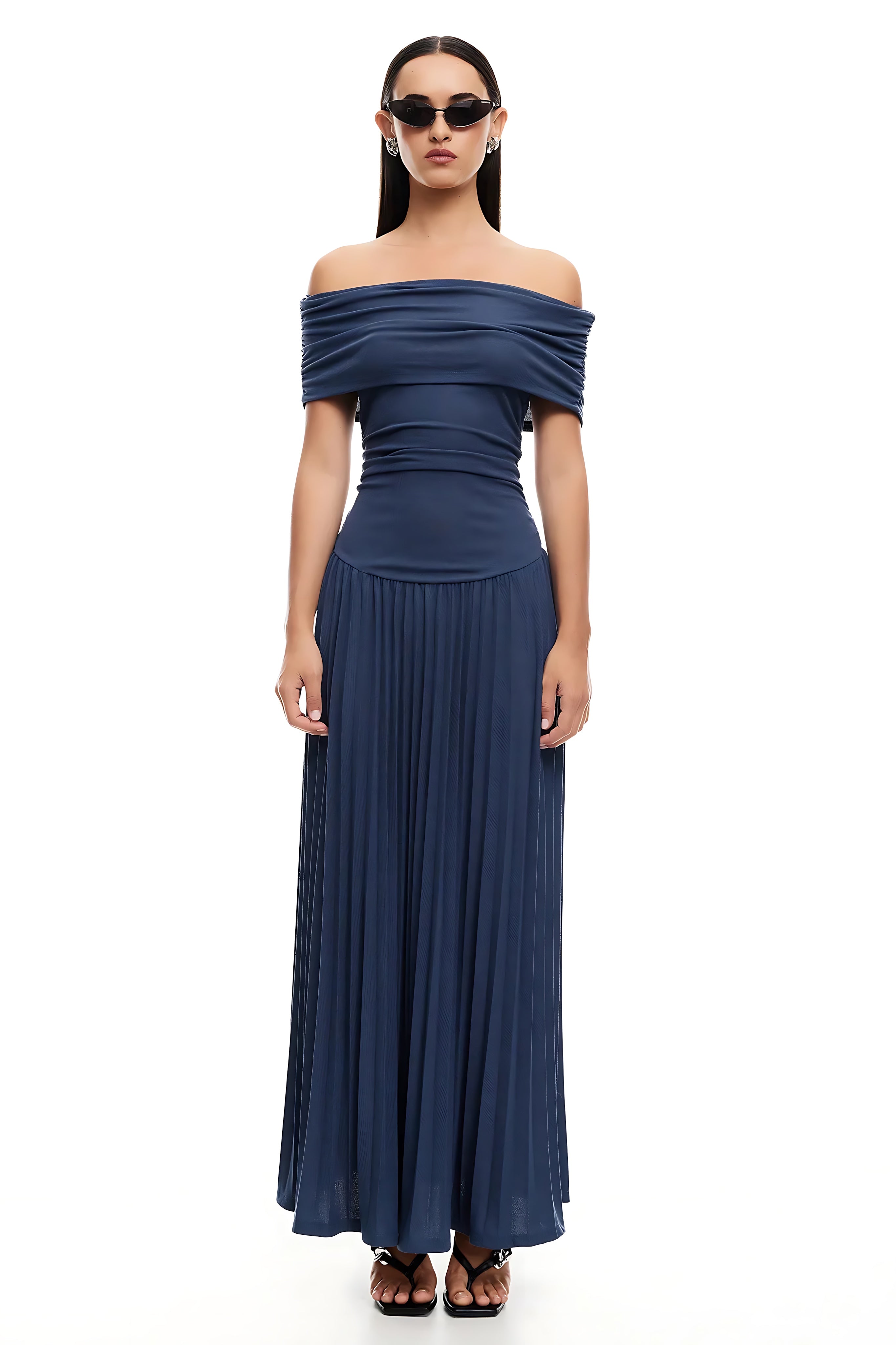 Amara – Off Shoulder Pleated Evening Maxi Dress