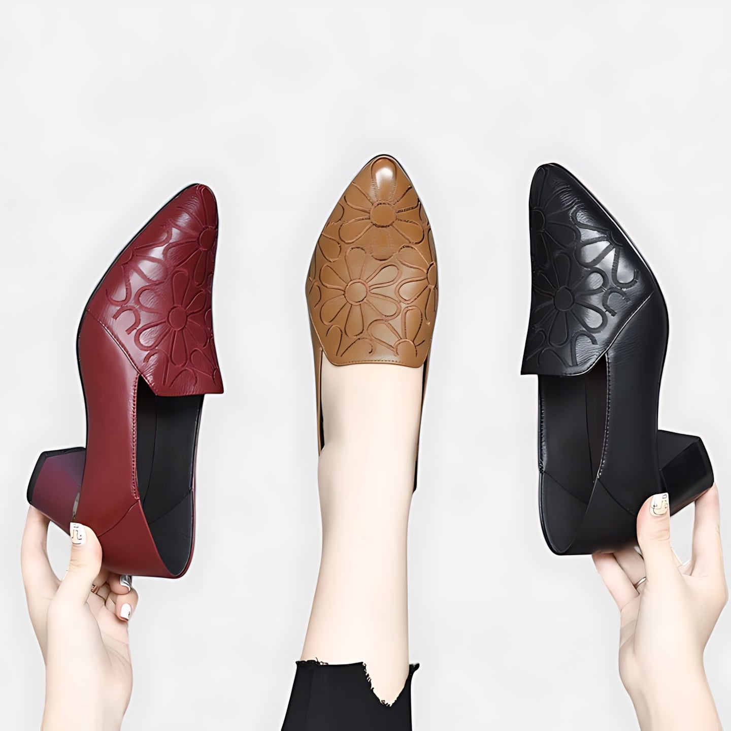 Autumn – Floral Embossed Pointed Toe Block Heel Pumps